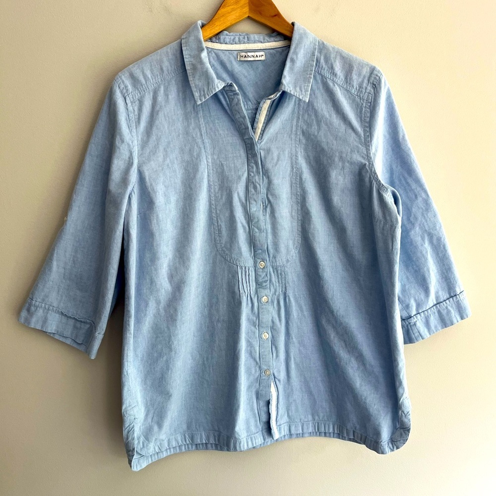 Hannah Sky Blue Casual Button Up 3/4 Sleeve Shirt size L